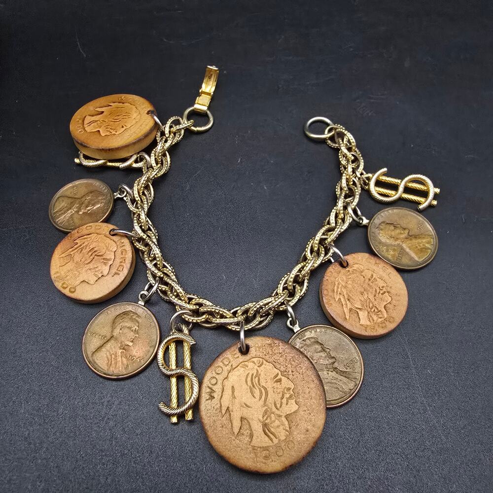 Wooden Nickel Coin Charm Bracelet Gold Tone Vintage Costume Jewelry